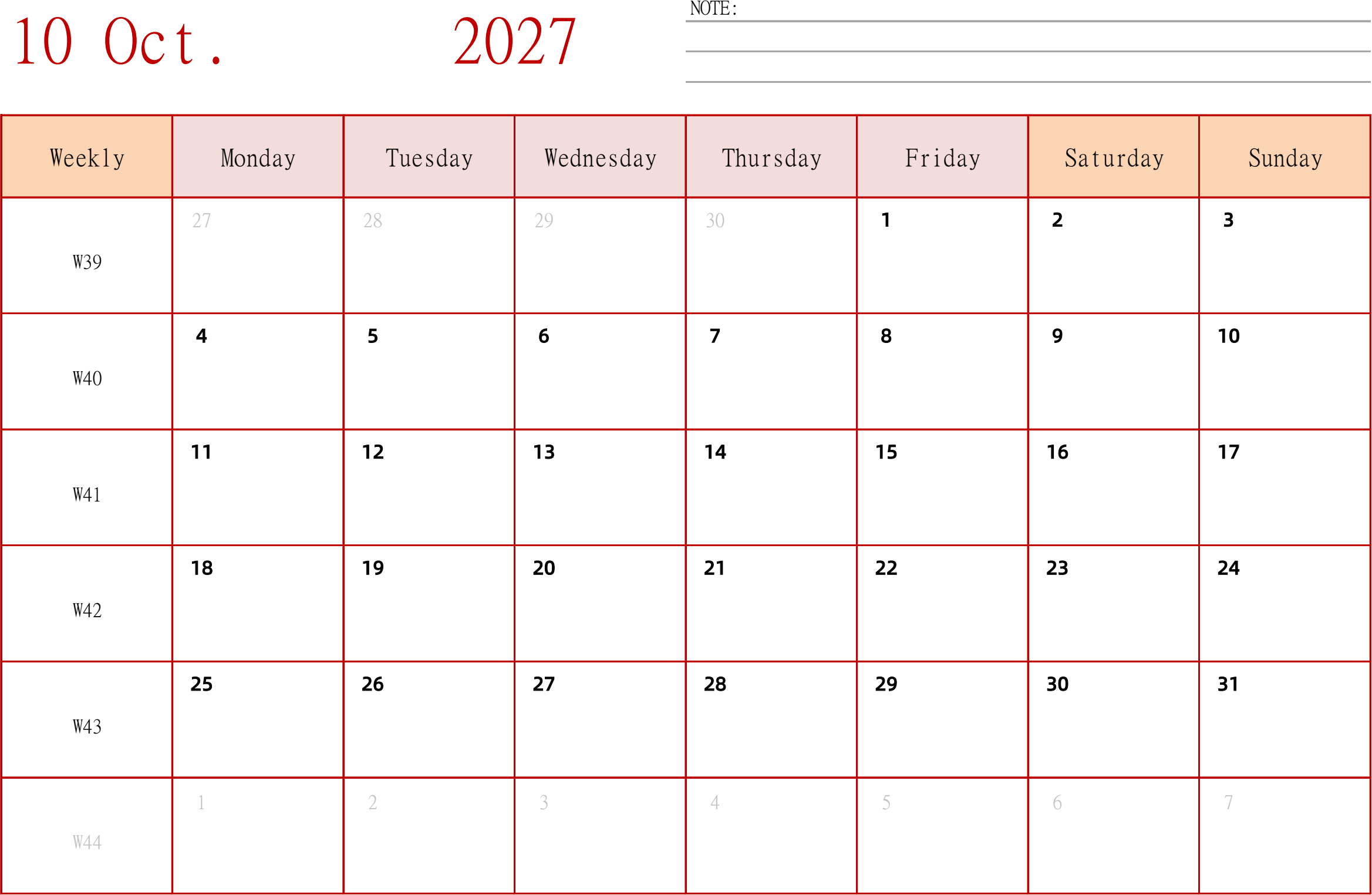 日历表2027年日历 英文版 横向排版 周一开始 带周数